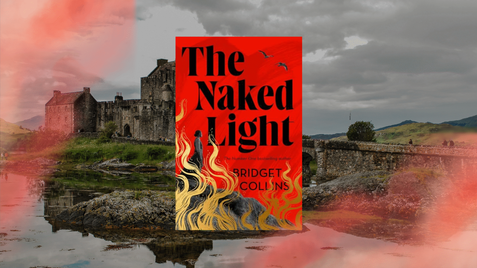boekenkaft the naked light van bridget collins met kasteel en rode rook op de achtergrond